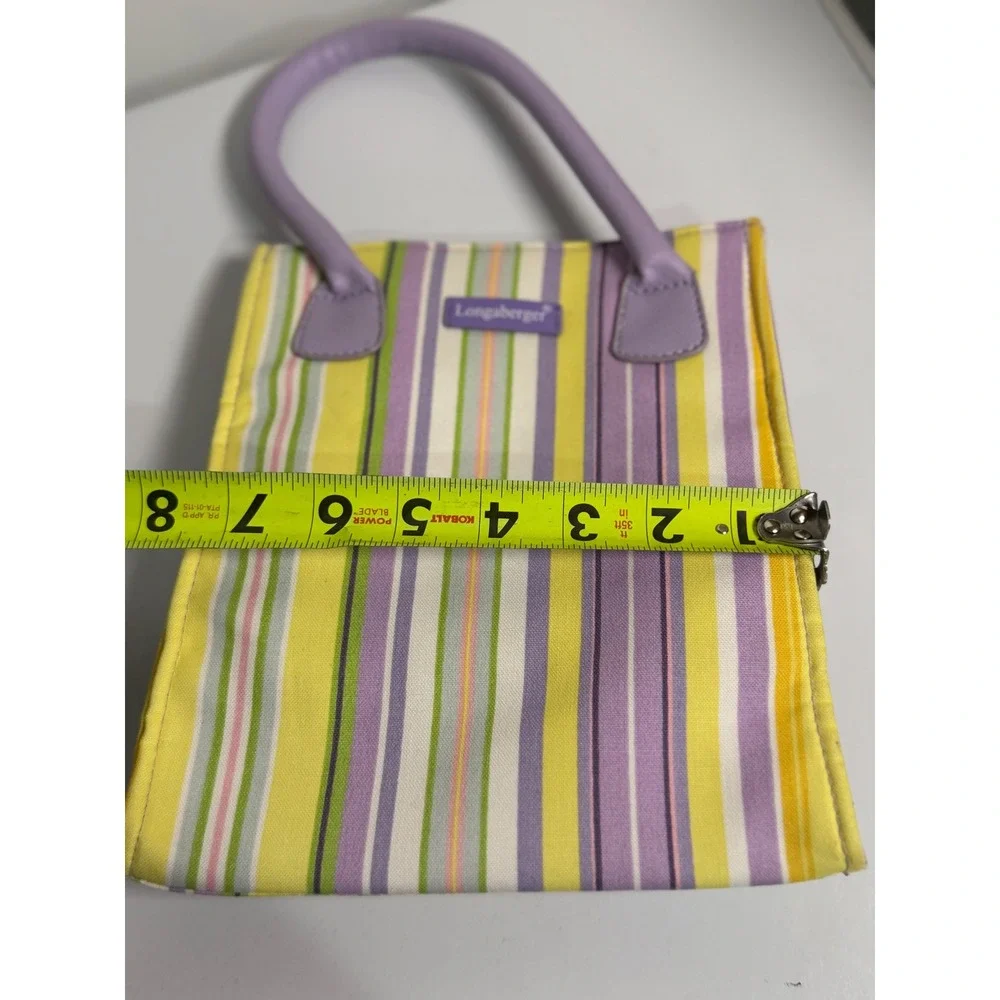 Longaberger Tote Bag Purple Yellow Multi Stripe Canvas Top Handle Purse Handbag